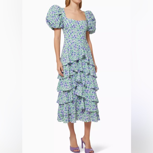 NWT Mergim Nara Floral Puff Sleeve Midi Dress